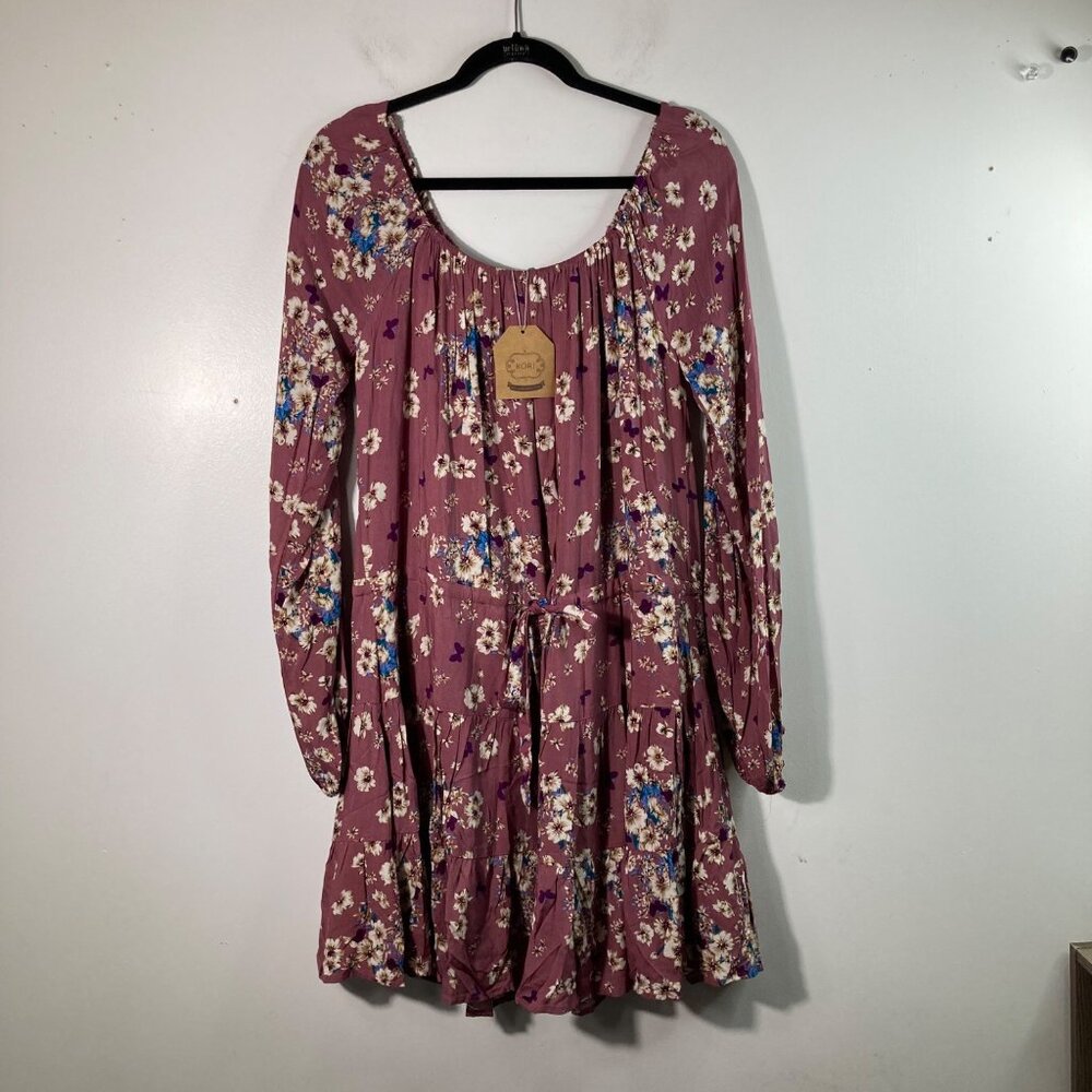 Womens Kori Off Shoulder Floral Dress Drop Waist Pink White M Rayon Lined NWT